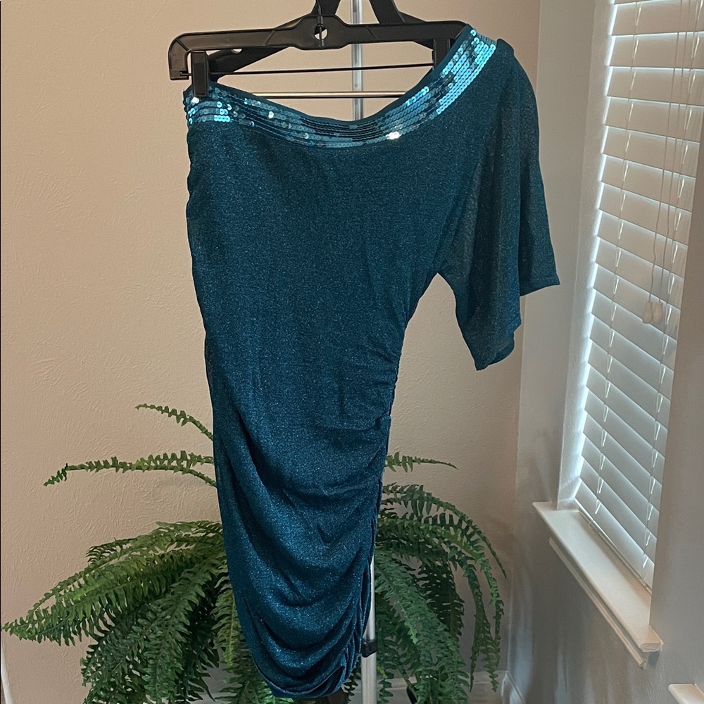 bebe Teal One Shoulder Dress with Rouched Sides and Sequins at the Top